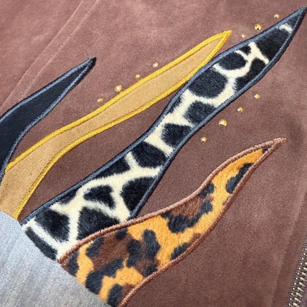 Vintage City Girl Vest Brown Faux Suede Animal Print‎ Embellished Sleeveless